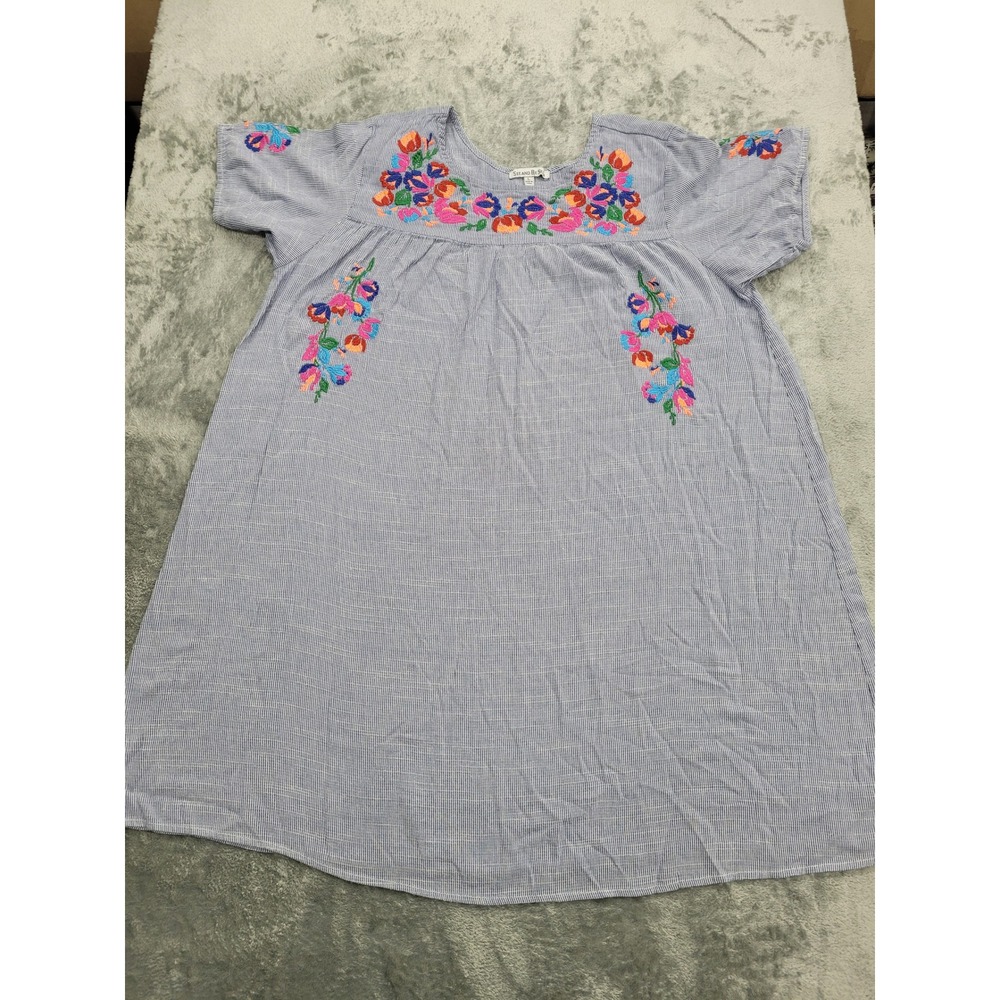 See and Be Seen Dress Women Large Blue Striped Floral Embroidered Mini Boho
